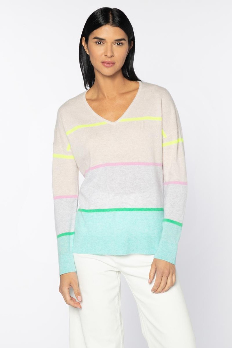 Clearance Kinross Cashmere Striped Easy Vee