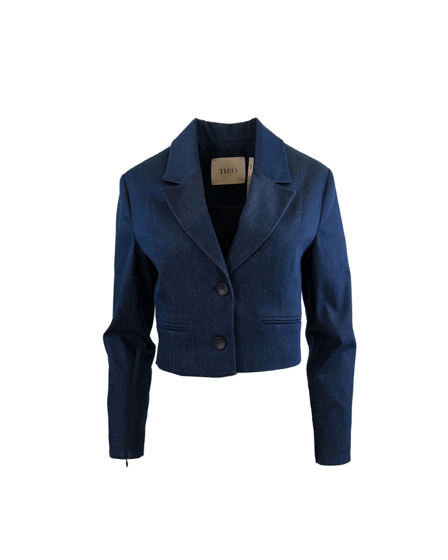 New THEO The Label Demeter Cropped Denim Blazer