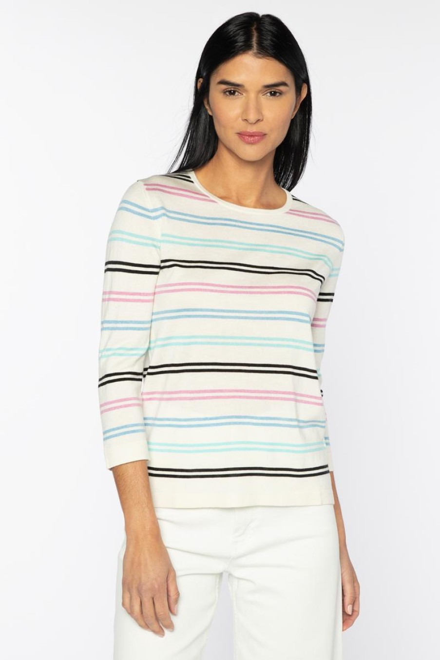 Hot Kinross Cashmere Double Stripe Crew Ivory Multi