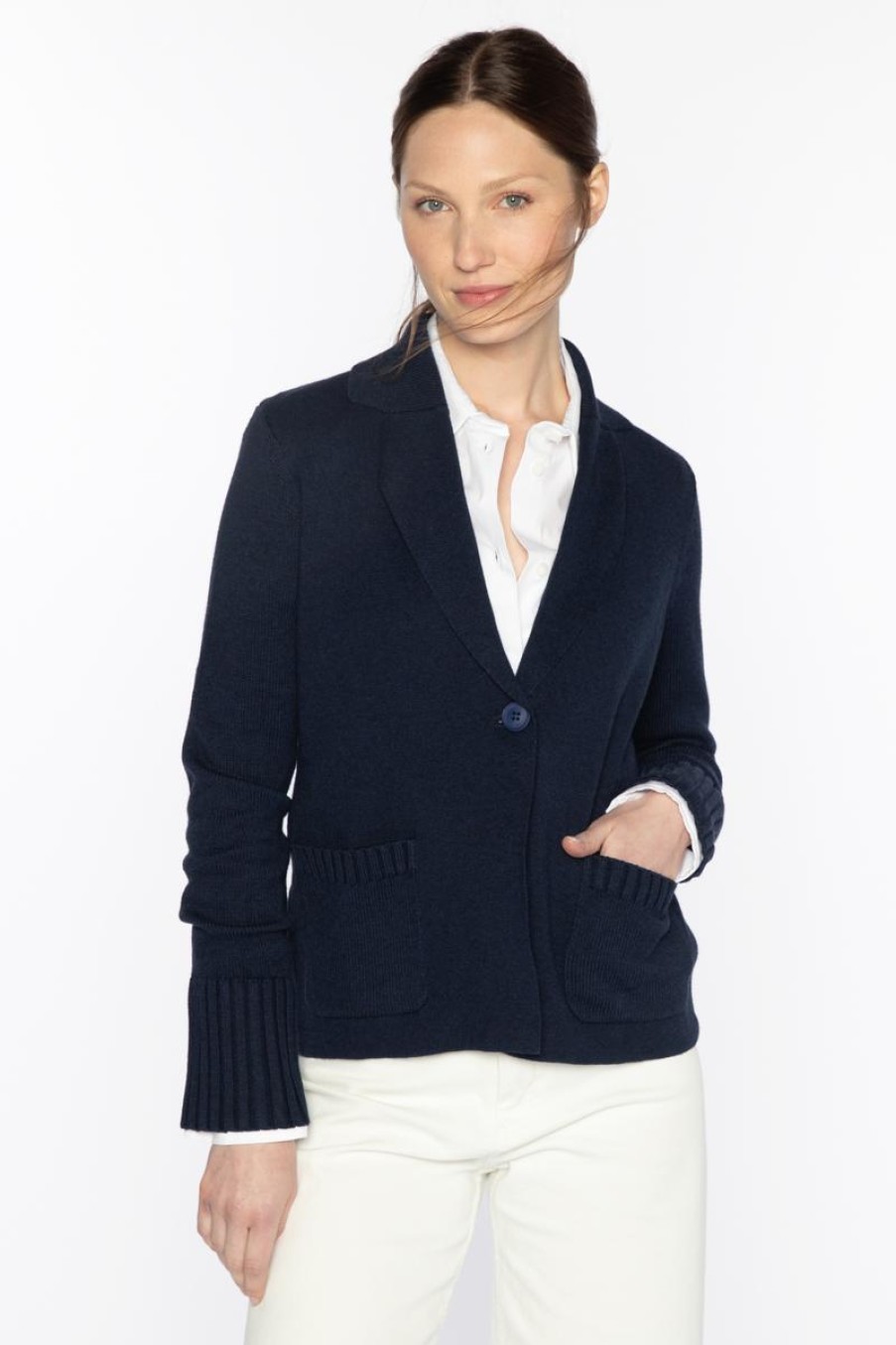 Clearance Kinross Cashmere Rib Trim Notch Collar Cardigan