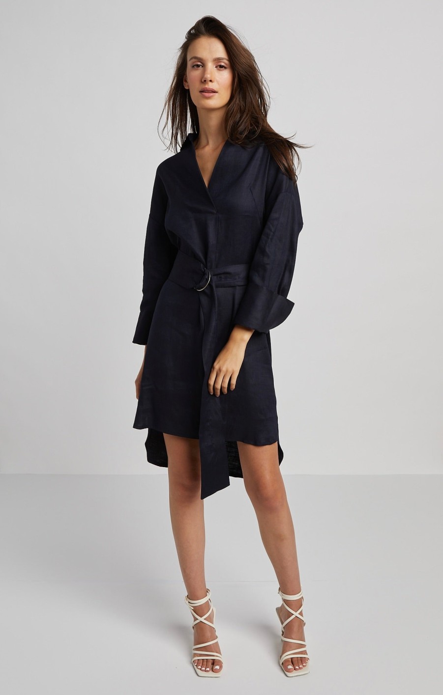 Hot Adrøit Atelier Kyoko Pullover Dress W/ Sash & High Low Hem Navy