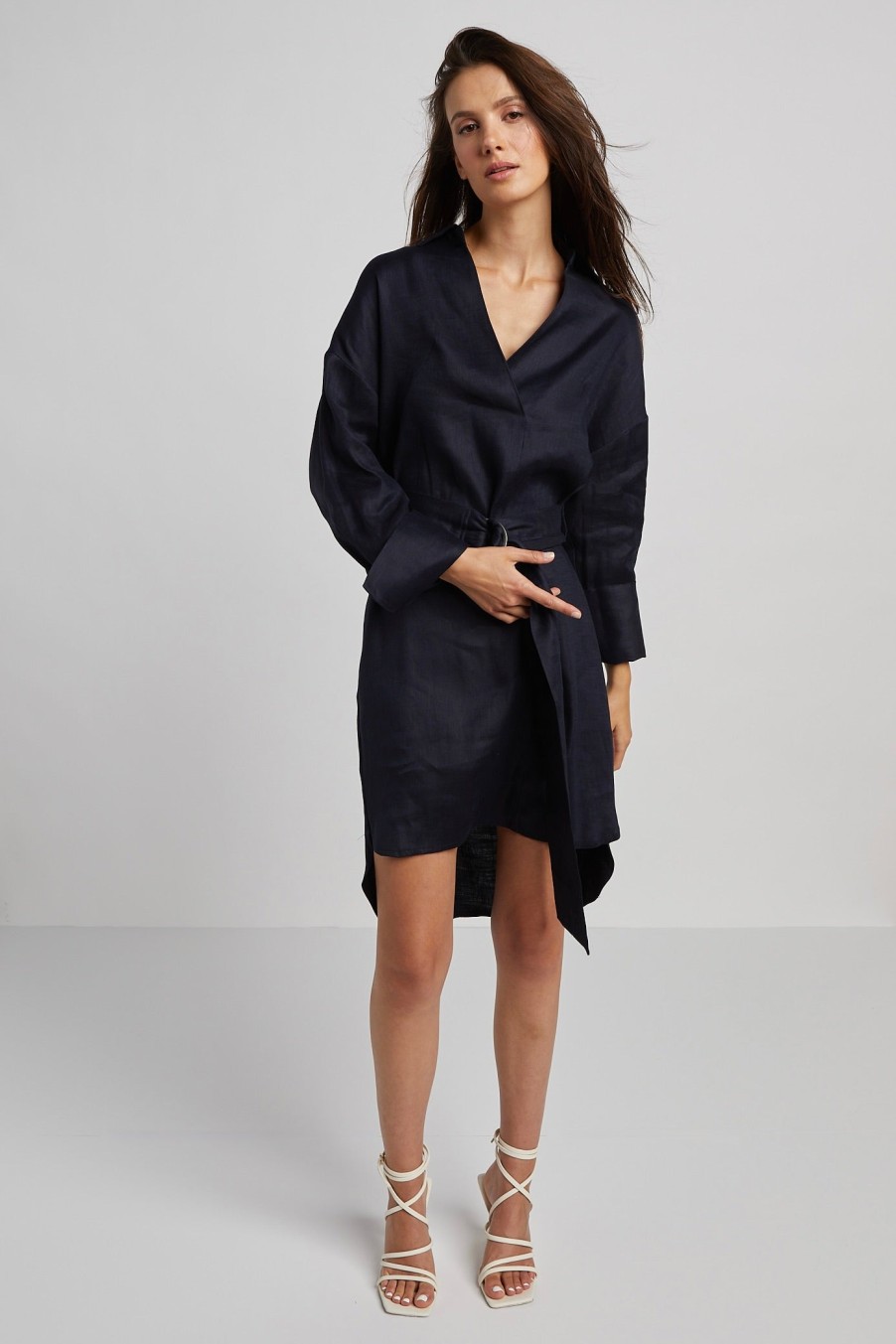 Hot Adrøit Atelier Kyoko Pullover Dress W/ Sash & High Low Hem Navy