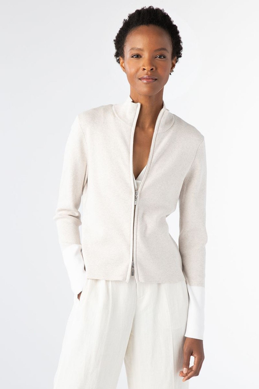 Hot Kinross Cashmere Contrast Trim Zip Mock Cardigan