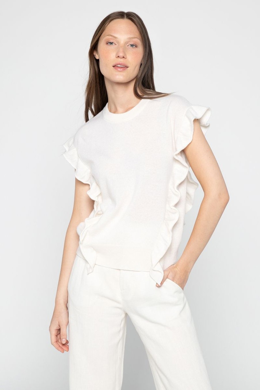 Best Kinross Cashmere S/L Ruffle Crew Bianco