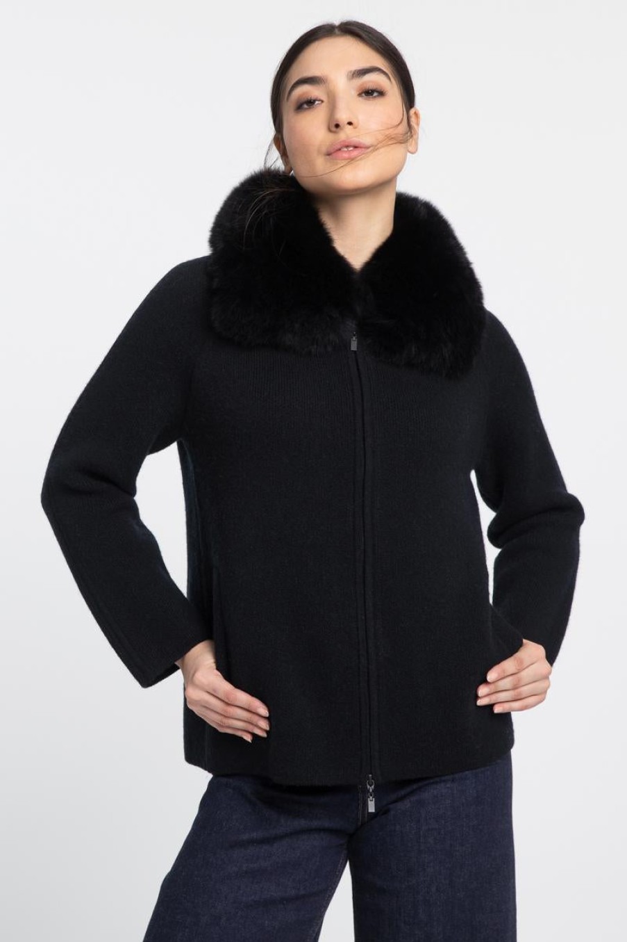 Online Kinross Cashmere Fur Collar Zip Cardigan Black