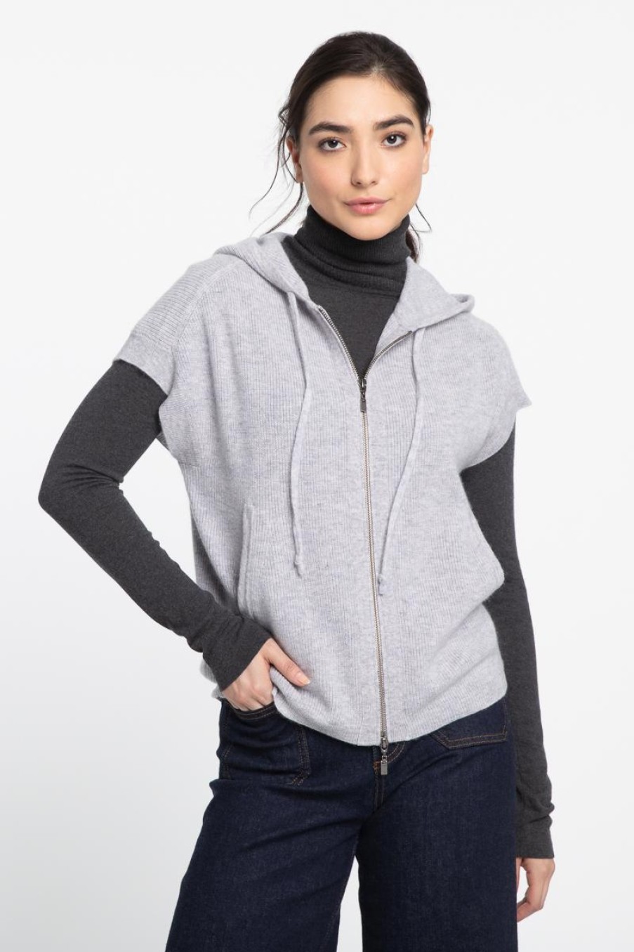 Hot Kinross Cashmere S/L Rib Zip Hoodie