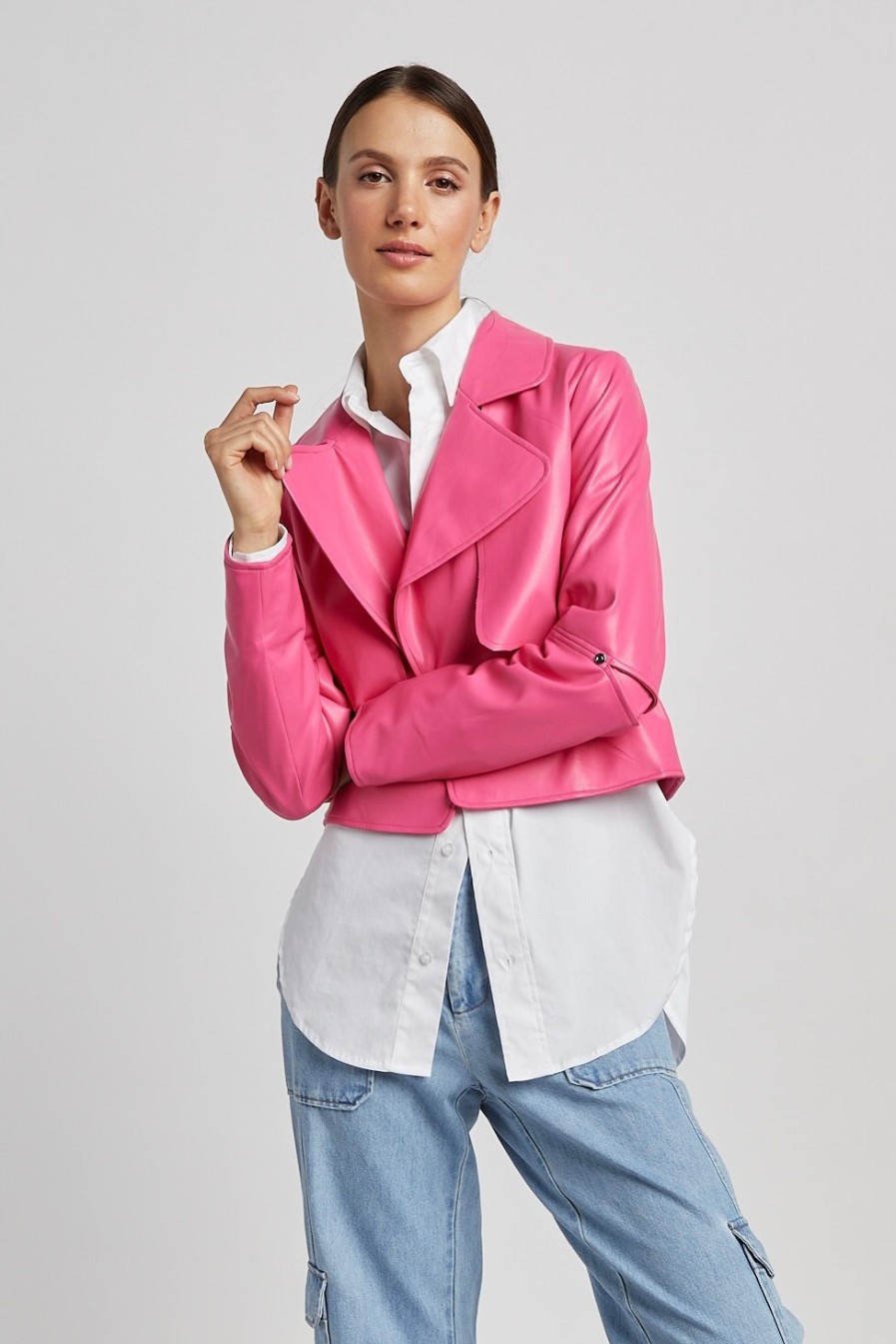 Hot Adrøit Atelier Ninon Short Vegan Leather Open Front Jacket Fuchsia