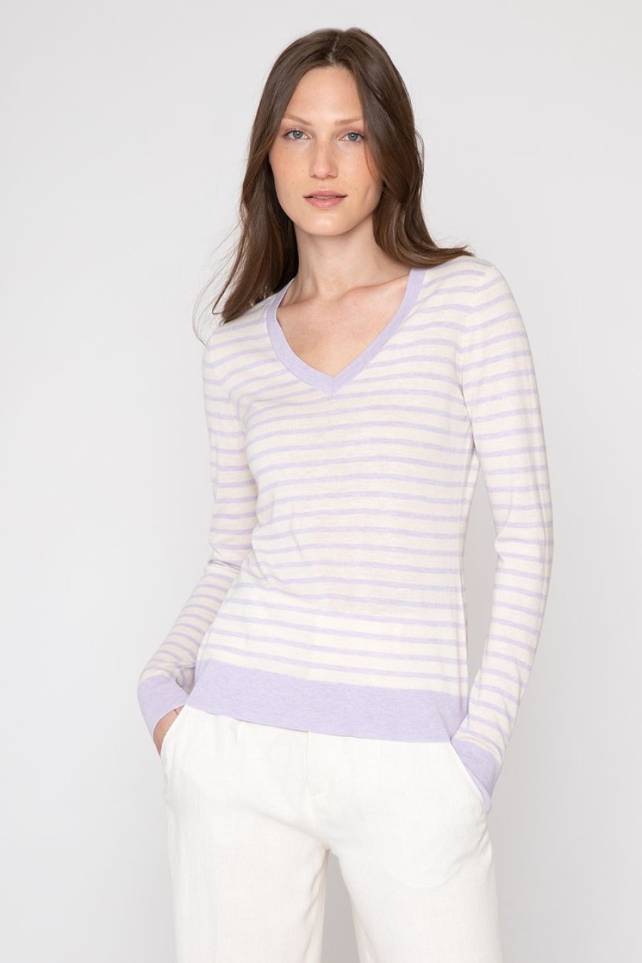 Clearance Kinross Cashmere Fitted Stripe Vee