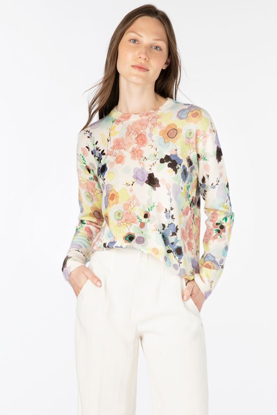 Wholesale Kinross Cashmere Floral Print Crew Multi