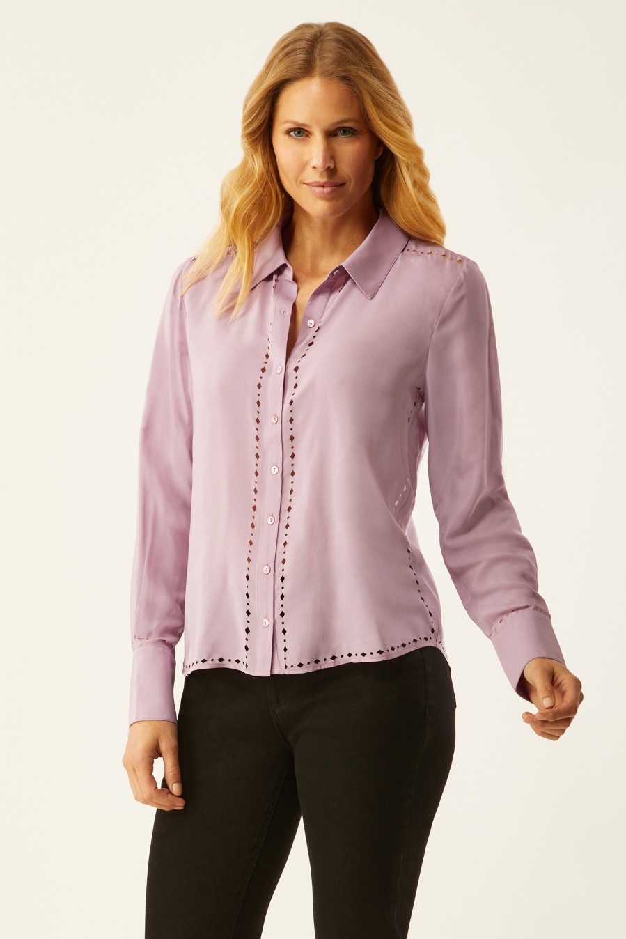 Wholesale Ecru Specialty Store Streep Classic Shirt With Laser Cut In Silk