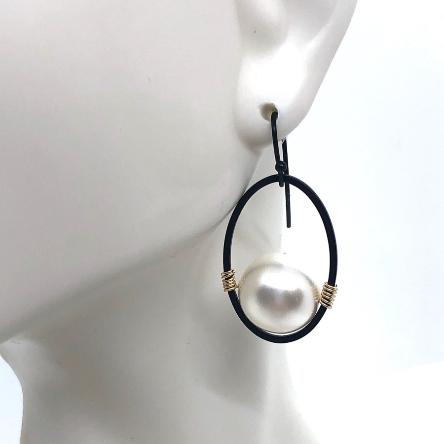 Online Deborah Grivas Pearl Matte Black Oval Gold Wire Wrap Earrings