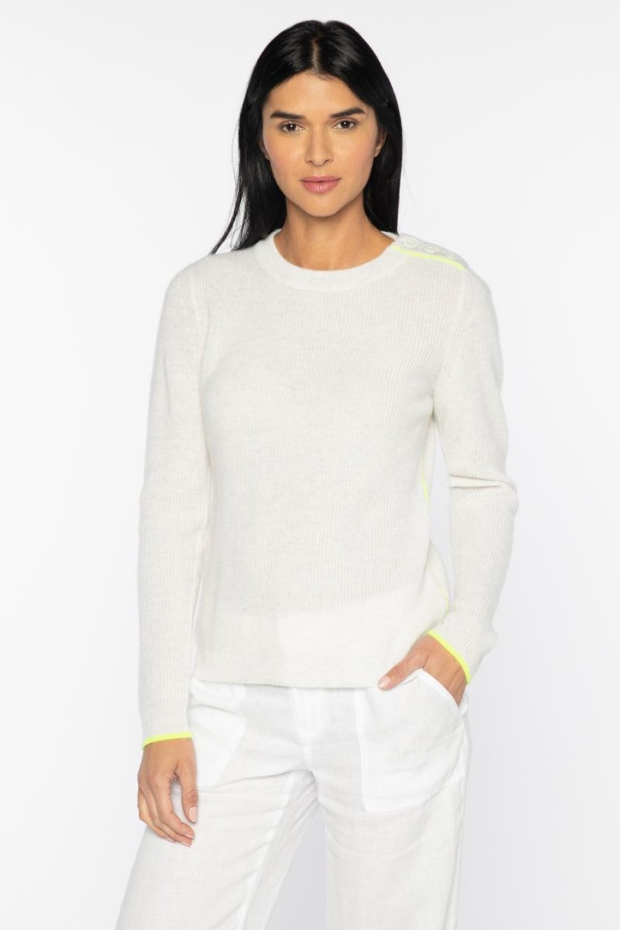 Hot Kinross Cashmere Piped Shoulder Button Crew