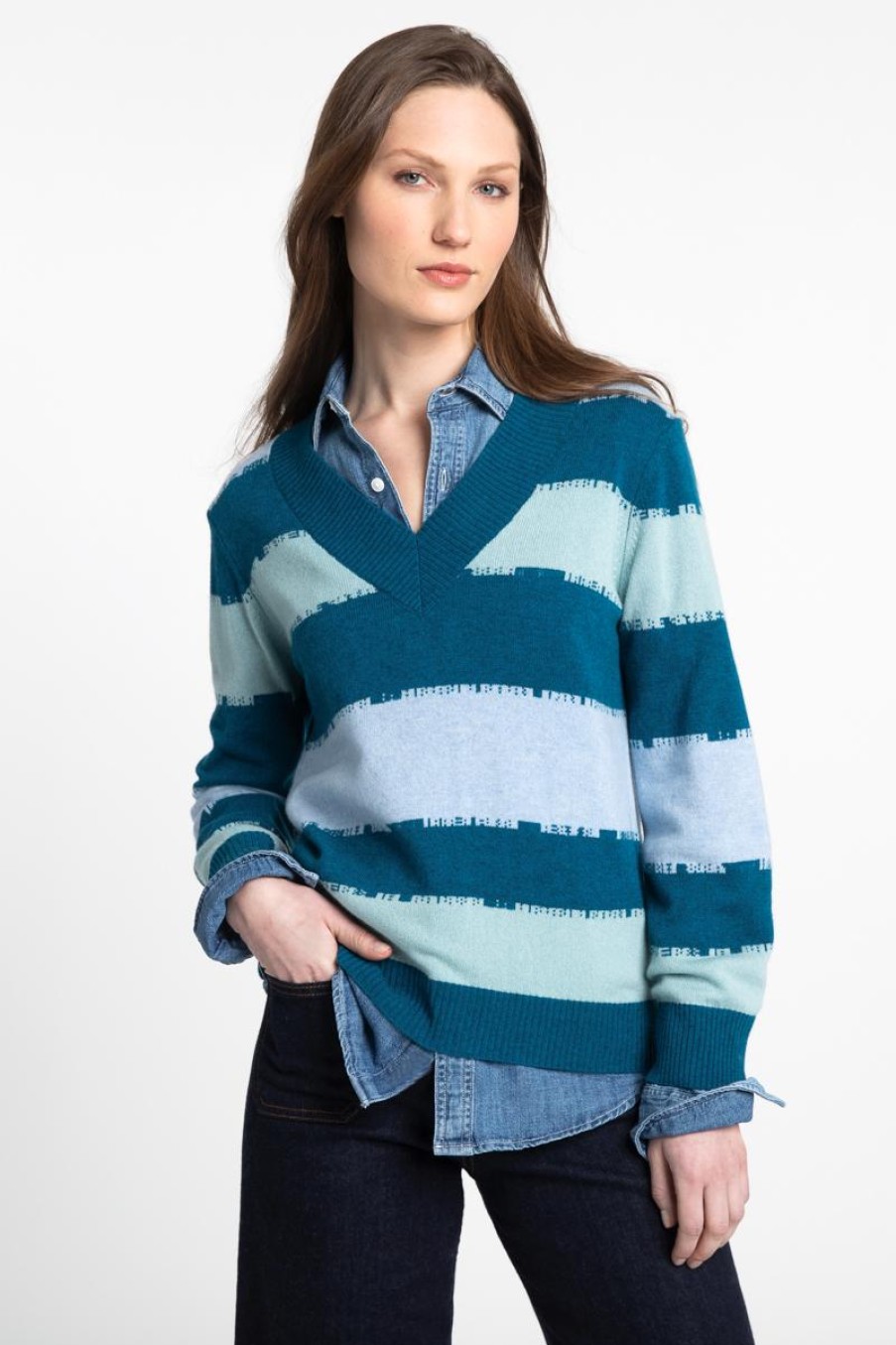 Best Kinross Cashmere Intarsia Stripe Vee Pullover