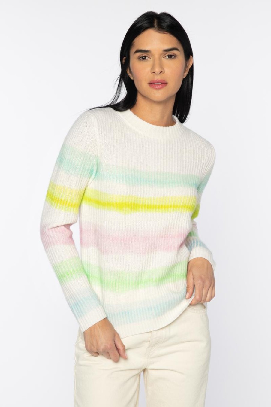 Wholesale Kinross Cashmere Painted Stripe Crew Ivory Multi