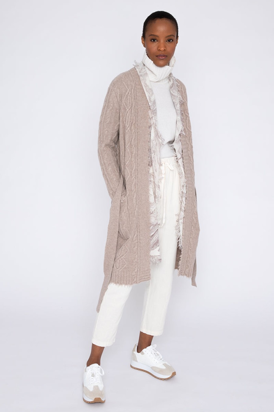 New Kinross Cashmere Fringe Cable Cardigan